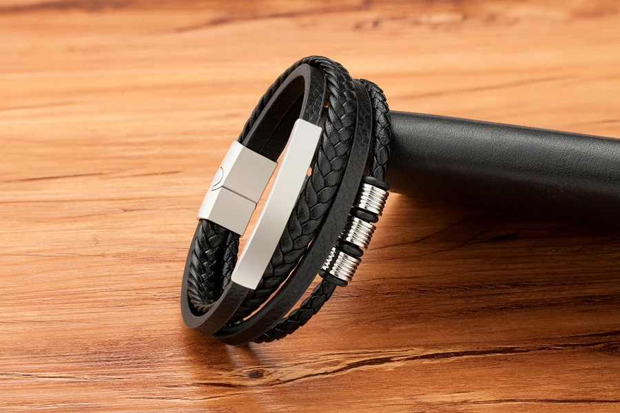 TYO New Stainless Steel Black Multilayer Genuine Leather Bracelet For Men Magnetic Clasp Button Vintage Braid Bangle Jewelry