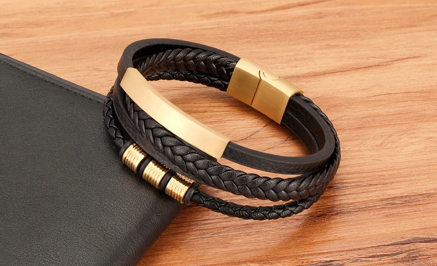 TYO New Stainless Steel Black Multilayer Genuine Leather Bracelet For Men Magnetic Clasp Button Vintage Braid Bangle Jewelry