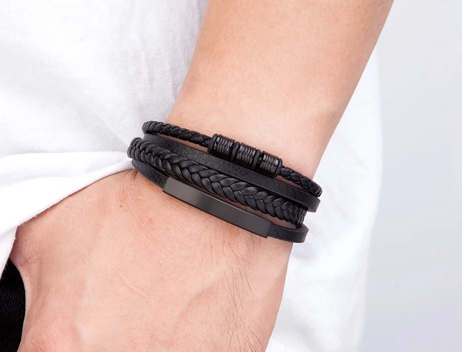 TYO New Stainless Steel Black Multilayer Genuine Leather Bracelet For Men Magnetic Clasp Button Vintage Braid Bangle Jewelry