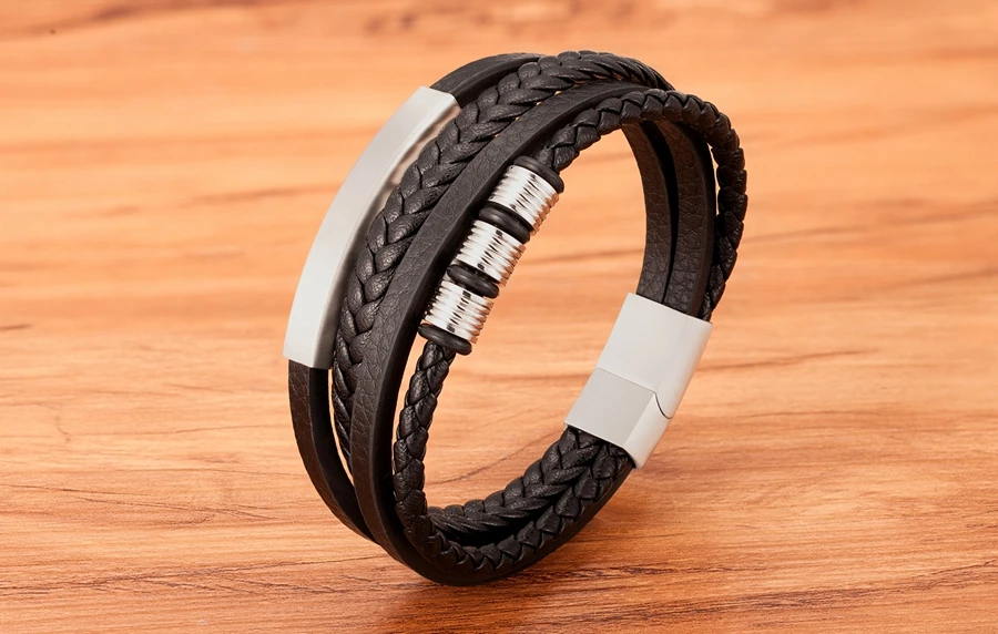 TYO New Stainless Steel Black Multilayer Genuine Leather Bracelet For Men Magnetic Clasp Button Vintage Braid Bangle Jewelry