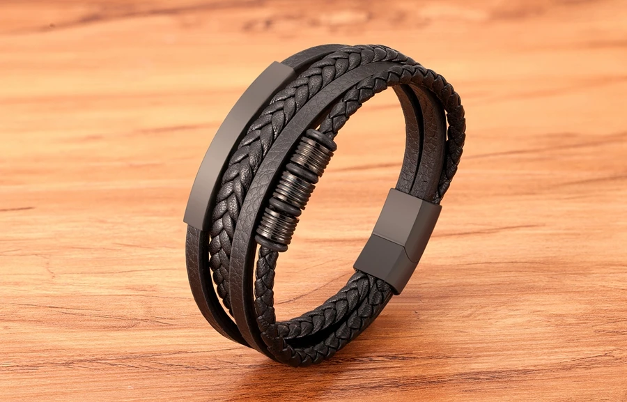 TYO New Stainless Steel Black Multilayer Genuine Leather Bracelet For Men Magnetic Clasp Button Vintage Braid Bangle Jewelry