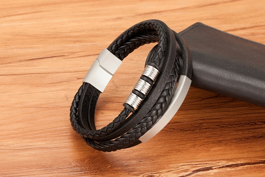 TYO New Stainless Steel Black Multilayer Genuine Leather Bracelet For Men Magnetic Clasp Button Vintage Braid Bangle Jewelry