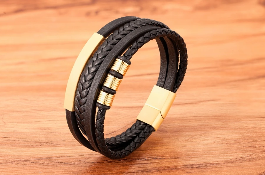 TYO New Stainless Steel Black Multilayer Genuine Leather Bracelet For Men Magnetic Clasp Button Vintage Braid Bangle Jewelry