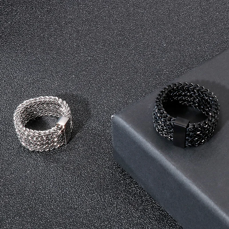 Fongten Men Ring Stainless Steel Mesh Chain Charm Rings For Men Hip Hop Finger Multiple Color Jewelry