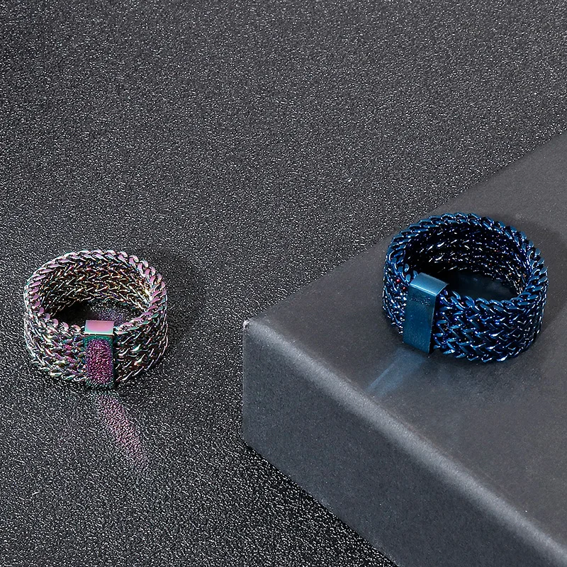 Fongten Men Ring Stainless Steel Mesh Chain Charm Rings For Men Hip Hop Finger Multiple Color Jewelry