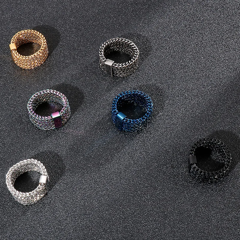 Fongten Men Ring Stainless Steel Mesh Chain Charm Rings For Men Hip Hop Finger Multiple Color Jewelry