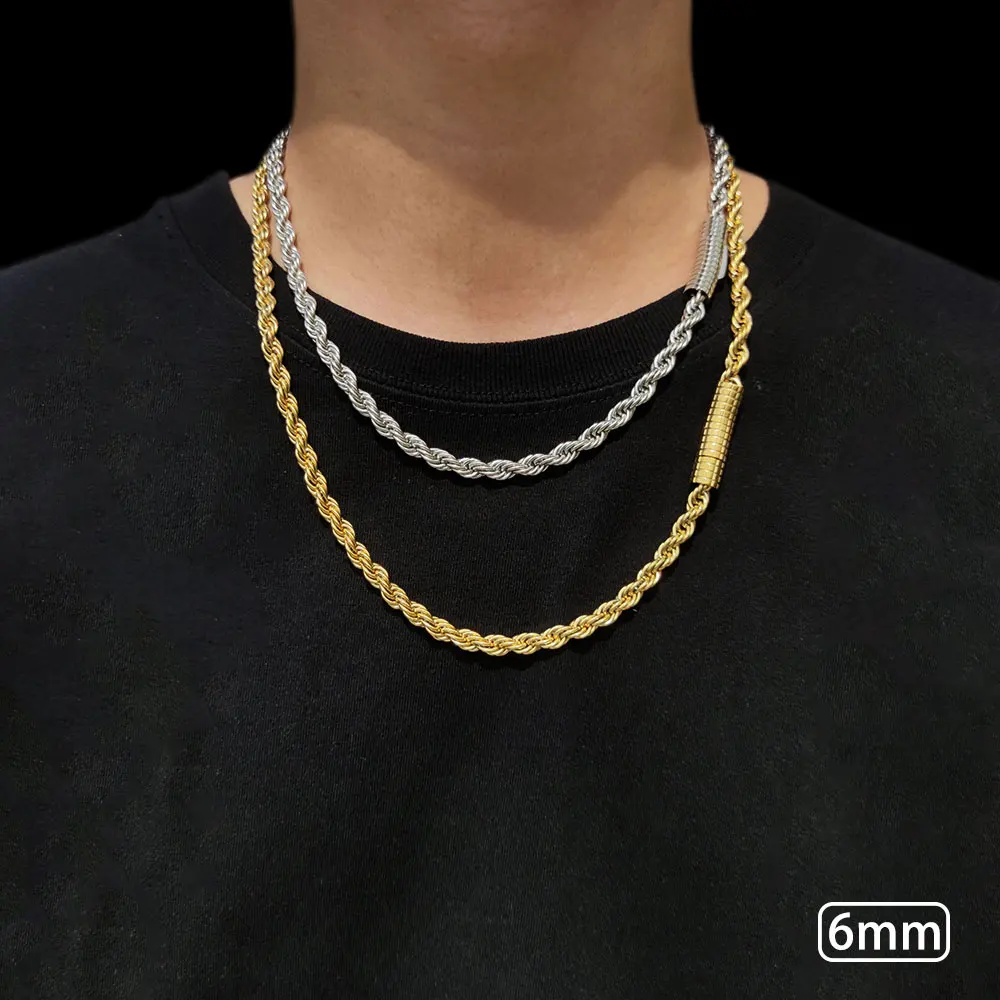 6mm Rope Chain Necklace Stainless Steel Never Fade Waterproof Choker Men Women Jewelry Gold Color Chains Gift