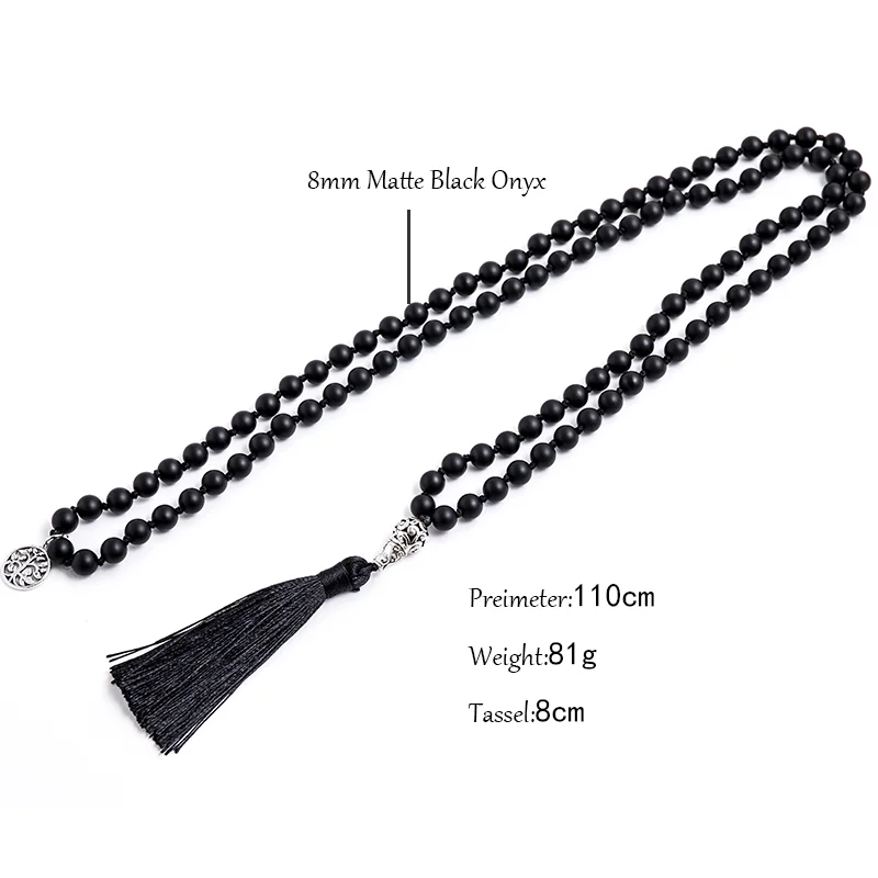 8mm Matte Black Agate Beads Knotted 108 Mala Necklace Meditation Yoga Declaration Tibetan Tassel Tree of Life Pendant Jewelry