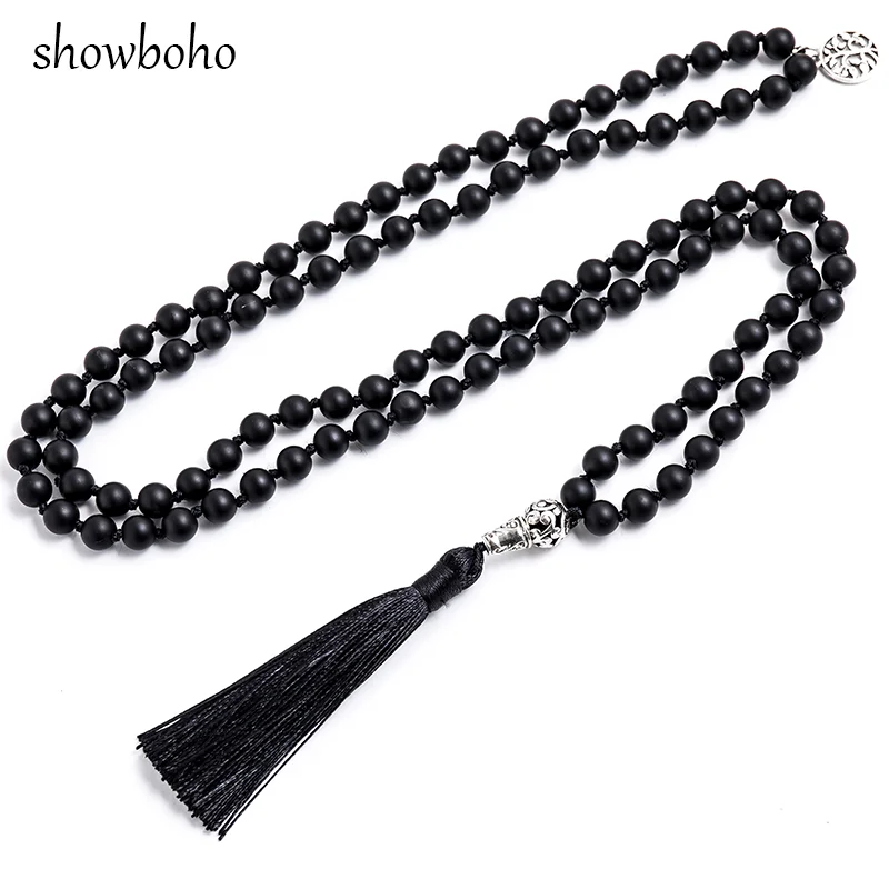 8mm Matte Black Agate Beads Knotted 108 Mala Necklace Meditation Yoga Declaration Tibetan Tassel Tree of Life Pendant Jewelry