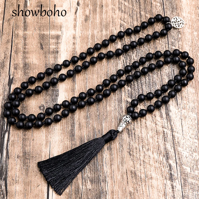 8mm Matte Black Agate Beads Knotted 108 Mala Necklace Meditation Yoga Declaration Tibetan Tassel Tree of Life Pendant Jewelry