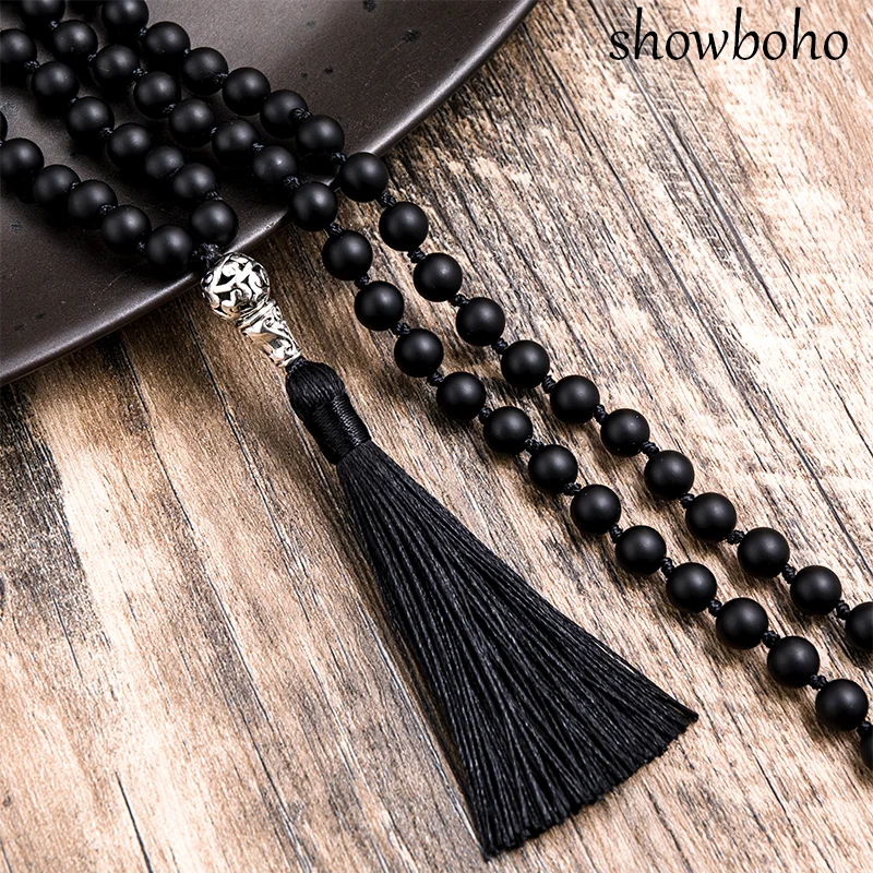 8mm Matte Black Agate Beads Knotted 108 Mala Necklace Meditation Yoga Declaration Tibetan Tassel Tree of Life Pendant Jewelry