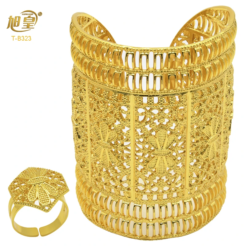 XUHUANG Dubai Ethiopia 24K Gold Color Hollow Bangle With Ring For Women Arabic Luxury Charm Copper Bangles Party Jewelry Gifts