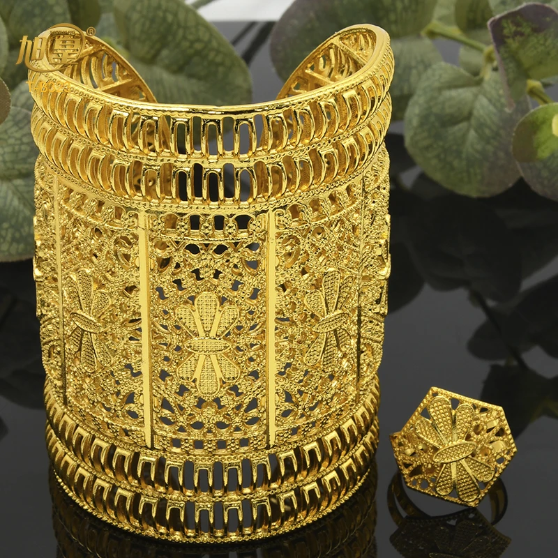 XUHUANG Dubai Ethiopia 24K Gold Color Hollow Bangle With Ring For Women Arabic Luxury Charm Copper Bangles Party Jewelry Gifts
