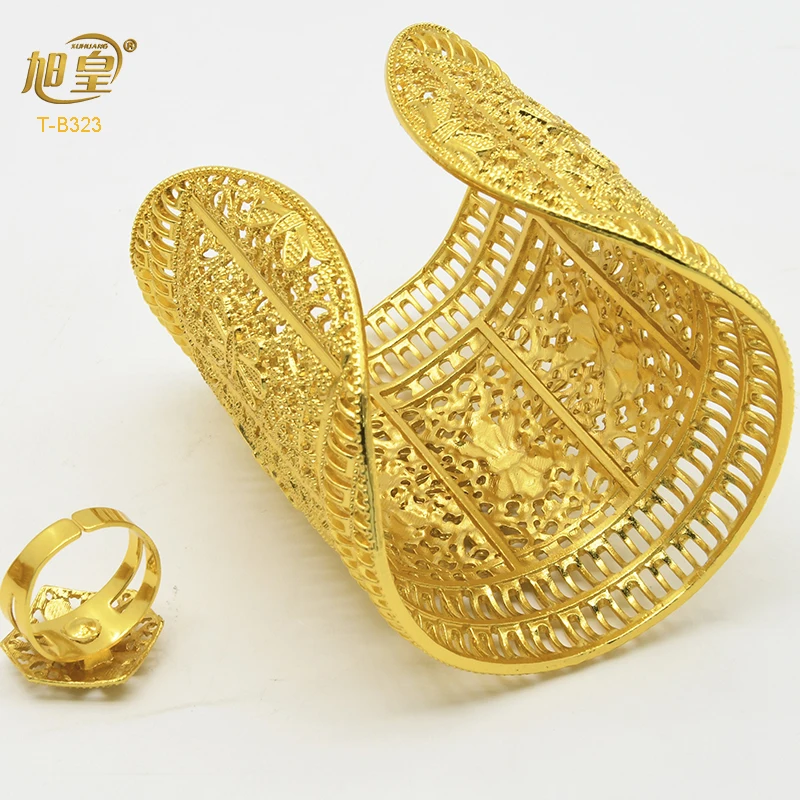 XUHUANG Dubai Ethiopia 24K Gold Color Hollow Bangle With Ring For Women Arabic Luxury Charm Copper Bangles Party Jewelry Gifts