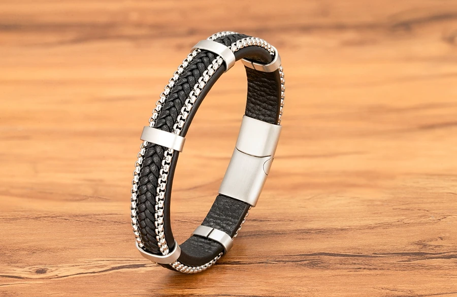TYO New Arrivel Punk Design Chain Stainless Steel Braid Leather Bracelet for Men Magnetic Buckle Charm Jewelry Gifts Customized