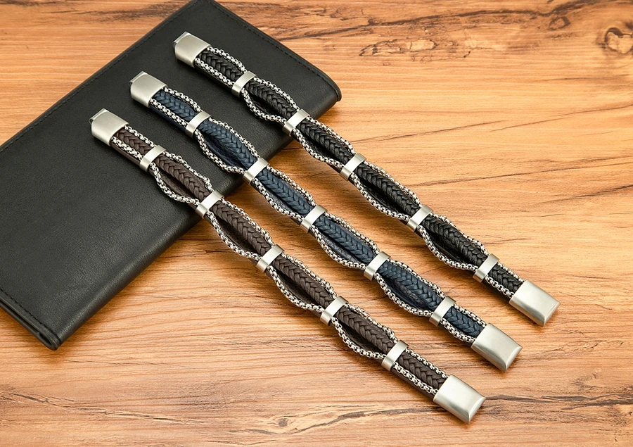 TYO New Arrivel Punk Design Chain Stainless Steel Braid Leather Bracelet for Men Magnetic Buckle Charm Jewelry Gifts Customized