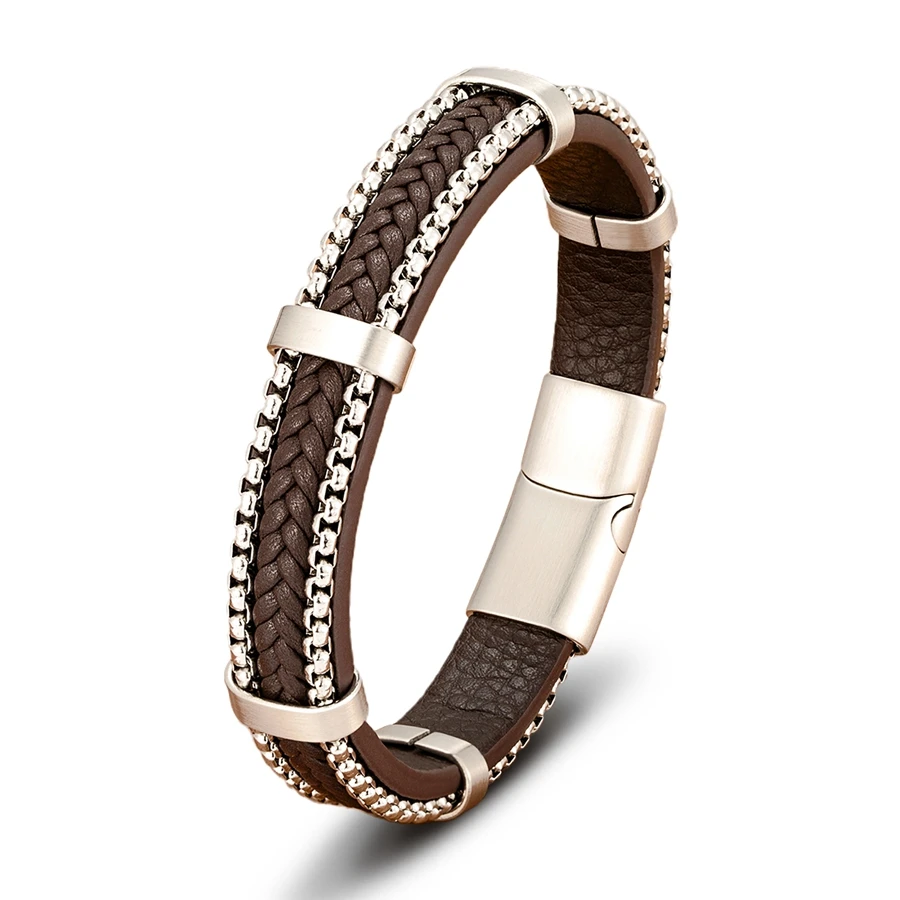 TYO New Arrivel Punk Design Chain Stainless Steel Braid Leather Bracelet for Men Magnetic Buckle Charm Jewelry Gifts Customized