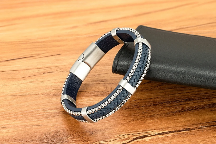 TYO New Arrivel Punk Design Chain Stainless Steel Braid Leather Bracelet for Men Magnetic Buckle Charm Jewelry Gifts Customized