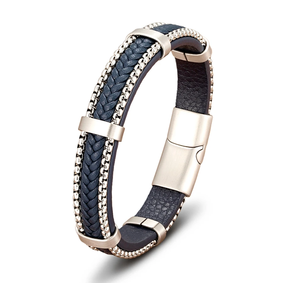 TYO New Arrivel Punk Design Chain Stainless Steel Braid Leather Bracelet for Men Magnetic Buckle Charm Jewelry Gifts Customized