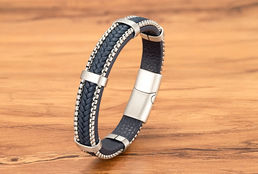 TYO New Arrivel Punk Design Chain Stainless Steel Braid Leather Bracelet for Men Magnetic Buckle Charm Jewelry Gifts Customized