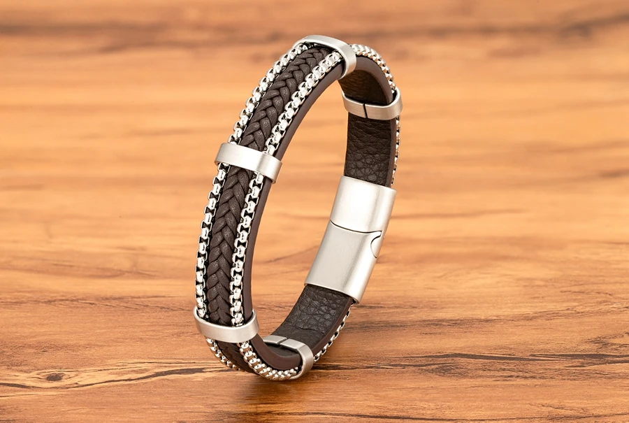 TYO New Arrivel Punk Design Chain Stainless Steel Braid Leather Bracelet for Men Magnetic Buckle Charm Jewelry Gifts Customized