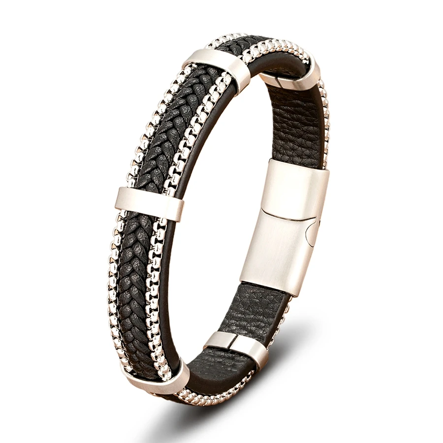 TYO New Arrivel Punk Design Chain Stainless Steel Braid Leather Bracelet for Men Magnetic Buckle Charm Jewelry Gifts Customized