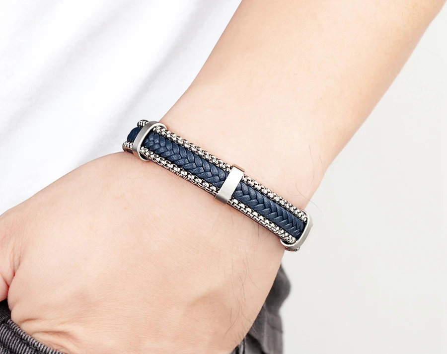 TYO New Arrivel Punk Design Chain Stainless Steel Braid Leather Bracelet for Men Magnetic Buckle Charm Jewelry Gifts Customized