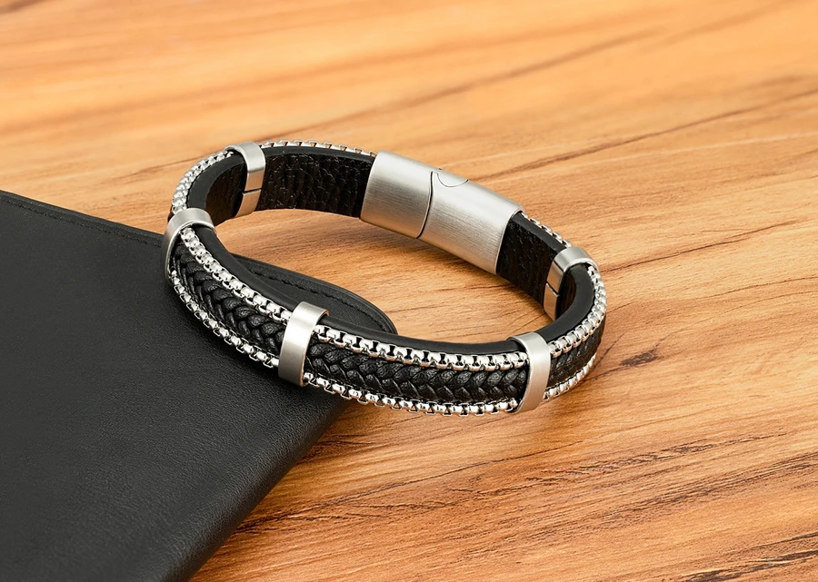 TYO New Arrivel Punk Design Chain Stainless Steel Braid Leather Bracelet for Men Magnetic Buckle Charm Jewelry Gifts Customized