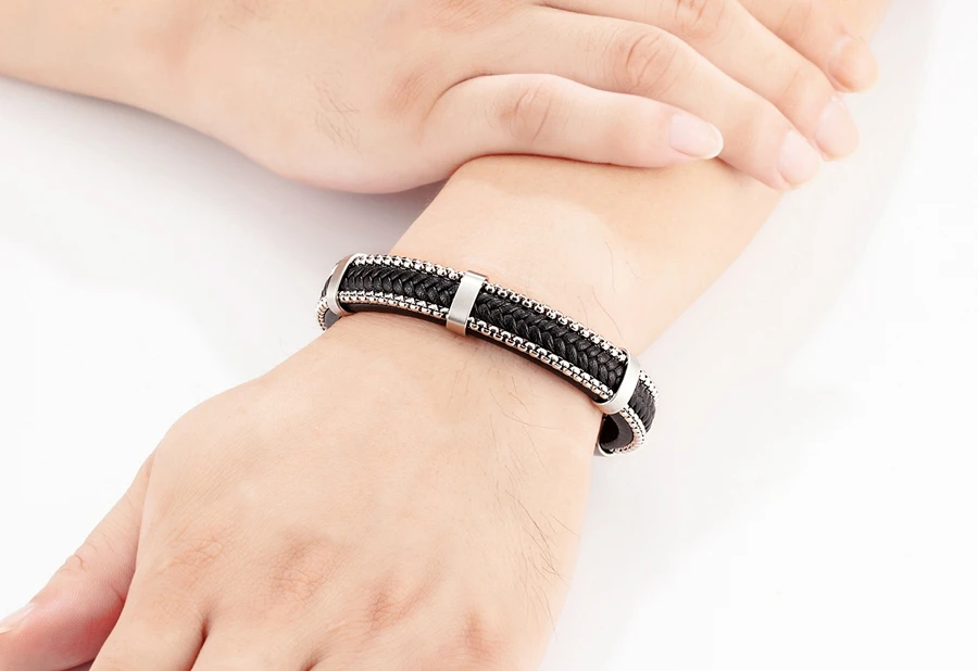 TYO New Arrivel Punk Design Chain Stainless Steel Braid Leather Bracelet for Men Magnetic Buckle Charm Jewelry Gifts Customized