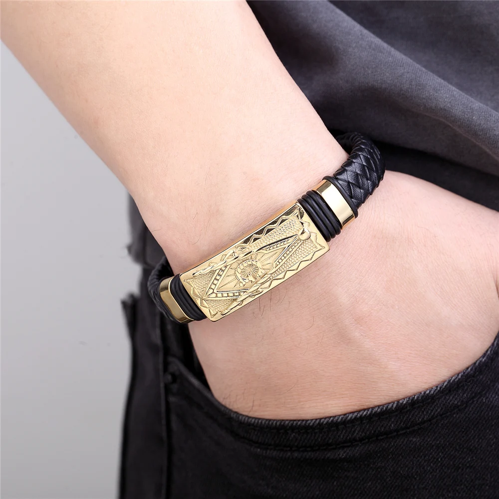 Fashion Genuine Leather Bracelet Gold Color Easy Hook Totem/Geometric Pattern Luxury Jewelry For Birthday Blessing Gift Pulseira