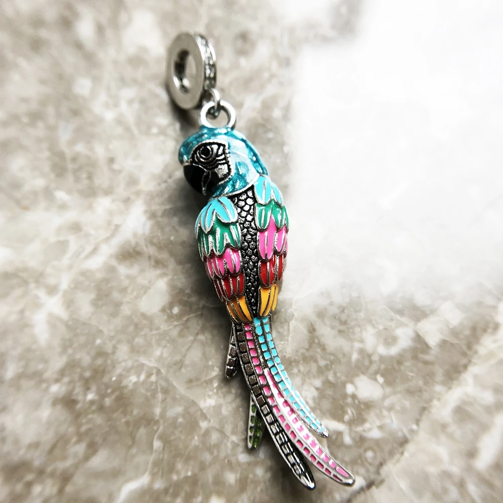 Colorful Striking Parrot Pendant 925 Sterling Silver Dangle Charm Women New Fine Jewelry