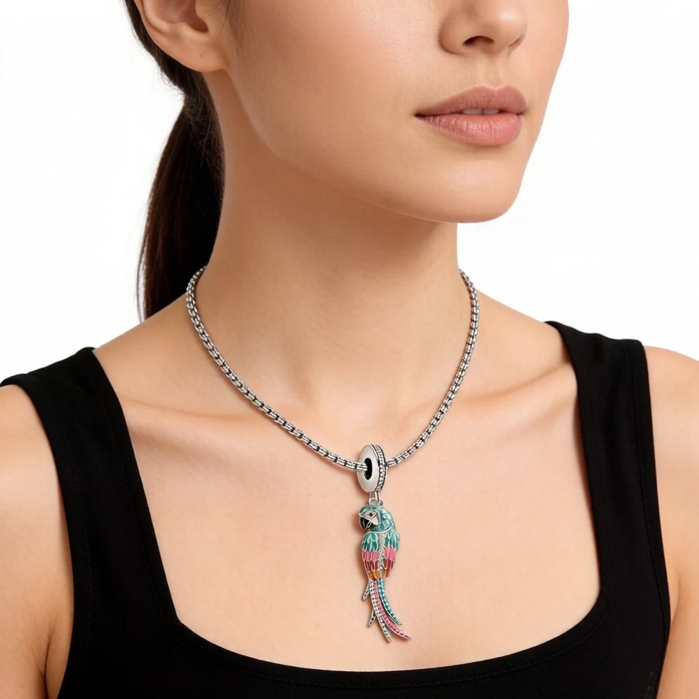 Colorful Striking Parrot Pendant 925 Sterling Silver Dangle Charm Women New Fine Jewelry