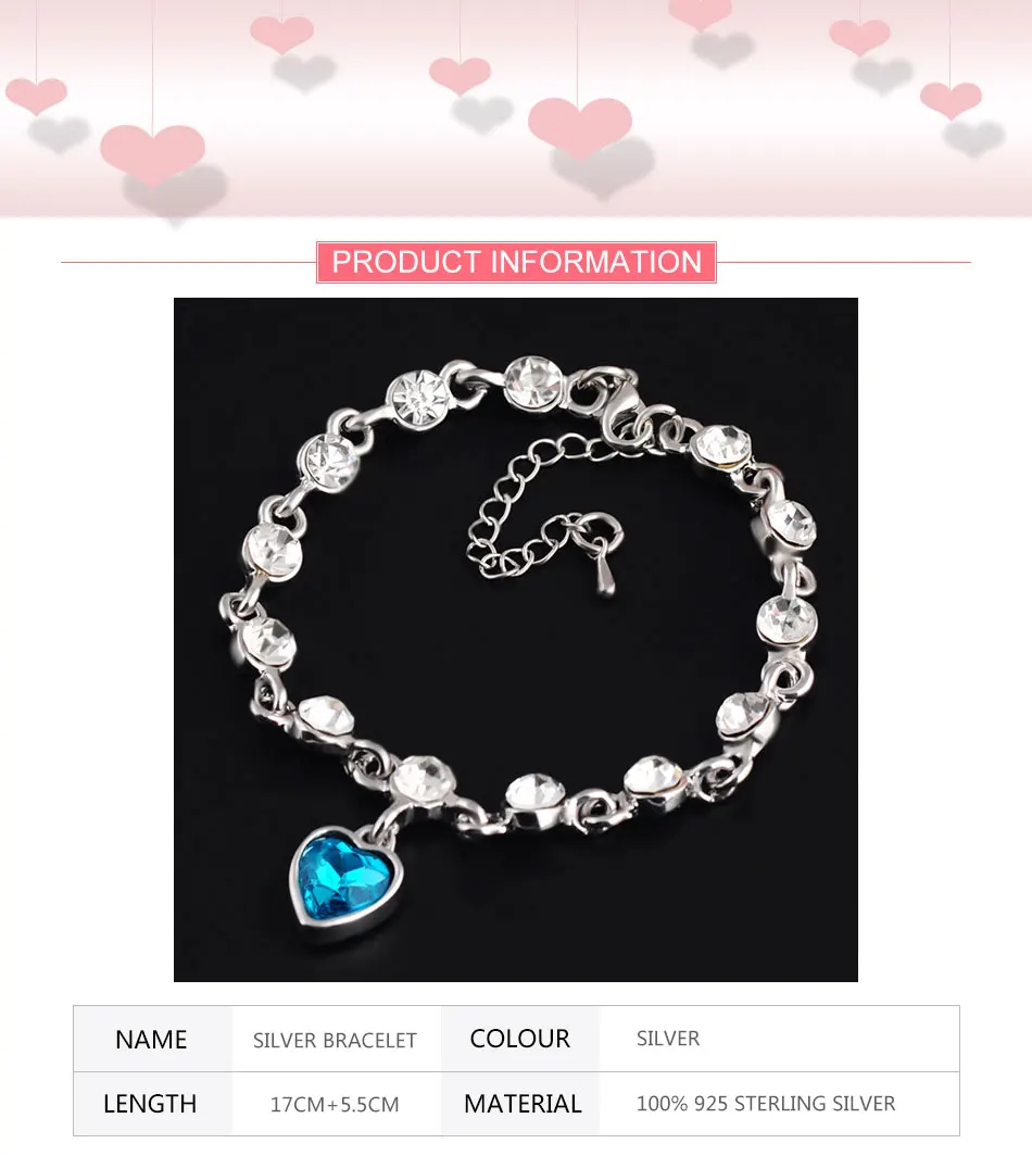 ZDADAN 925 Sterling Silver Charm Sapphire Heart Bracelet Chain For Women Fashion Engagement Party Jewelry Gift