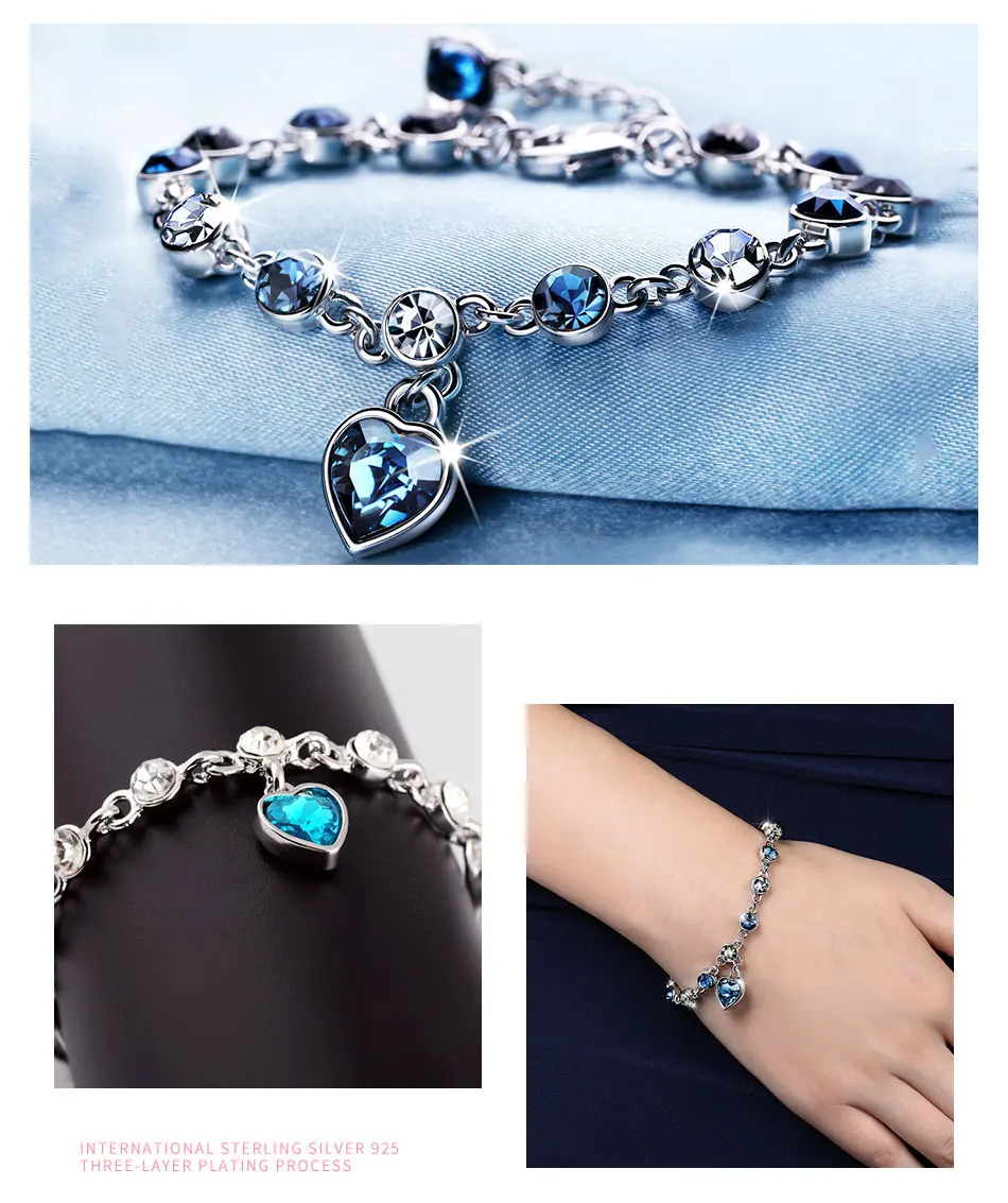 ZDADAN 925 Sterling Silver Charm Sapphire Heart Bracelet Chain For Women Fashion Engagement Party Jewelry Gift