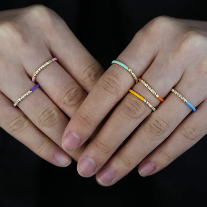 Mix CZ Neon Enamel Thin Slim Stacking Eternity Band Rings Colorful New Gold Plated Women Finger Jewelry