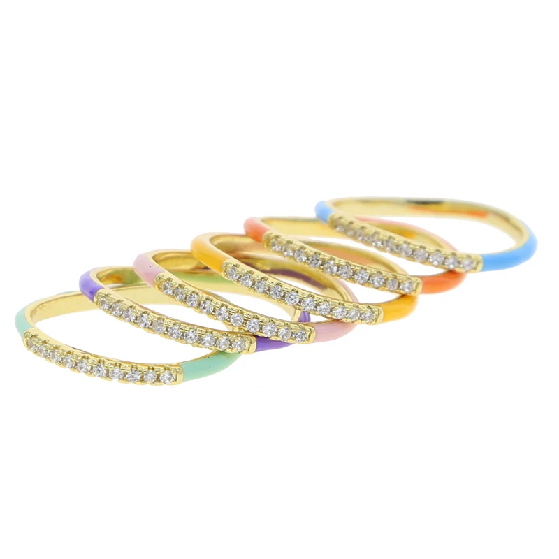 Mix CZ Neon Enamel Thin Slim Stacking Eternity Band Rings Colorful New Gold Plated Women Finger Jewelry