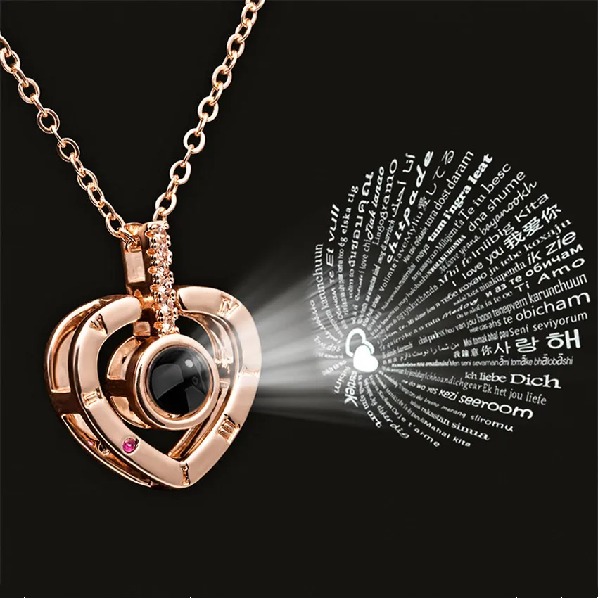 I Love You Necklace With Rose Gifts Box 100 Languages Projection Pendant Jewelry For Girlfriend 2023 New In Romantic Accessories