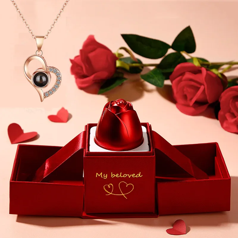 I Love You Necklace With Rose Gifts Box 100 Languages Projection Pendant Jewelry For Girlfriend 2023 New In Romantic Accessories