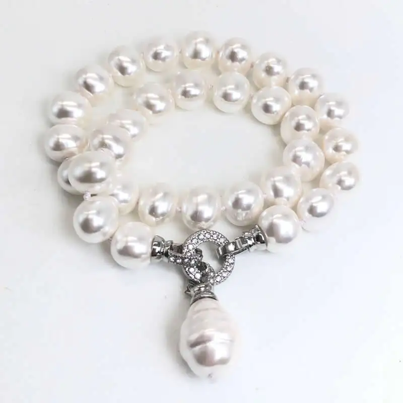 Luxury Style Cultured 12-15m White Potato Freshwater Pearl Necklace Cz Pave Shell Pearl Pendant Wedding