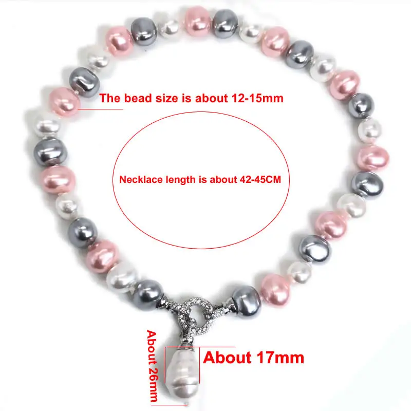 Luxury Style Cultured 12-15m White Potato Freshwater Pearl Necklace Cz Pave Shell Pearl Pendant Wedding