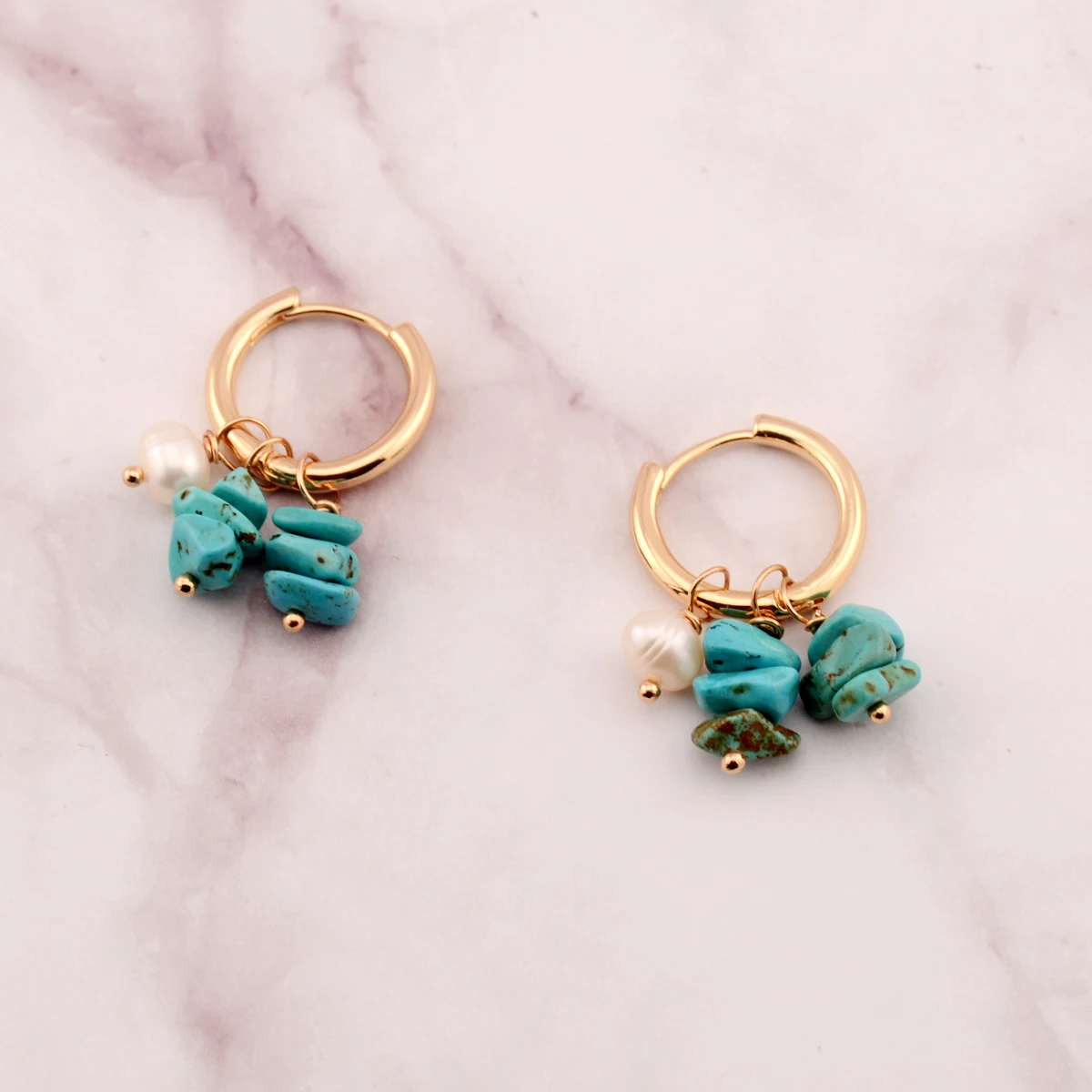 Women Bohemia Jewelry Of Small Hoops Pendant Earring With Crushed Stone Pearl Blue Green Stone Earrings