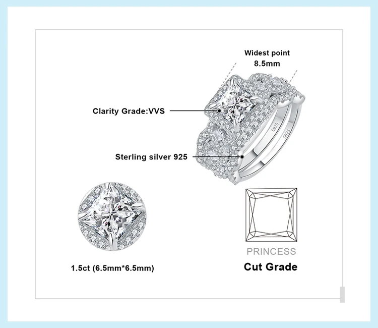 JewelryPalace 3Pcs 925 Sterling Silver Halo Wedding Engagement Ring Set for Women 2.9ct Princess Cut AAAAAA CZ Fashion Jewelry