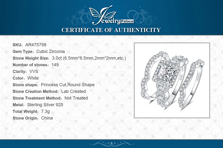 JewelryPalace 3Pcs 925 Sterling Silver Halo Wedding Engagement Ring Set for Women 2.9ct Princess Cut AAAAAA CZ Fashion Jewelry