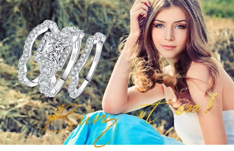 JewelryPalace 3Pcs 925 Sterling Silver Halo Wedding Engagement Ring Set for Women 2.9ct Princess Cut AAAAAA CZ Fashion Jewelry