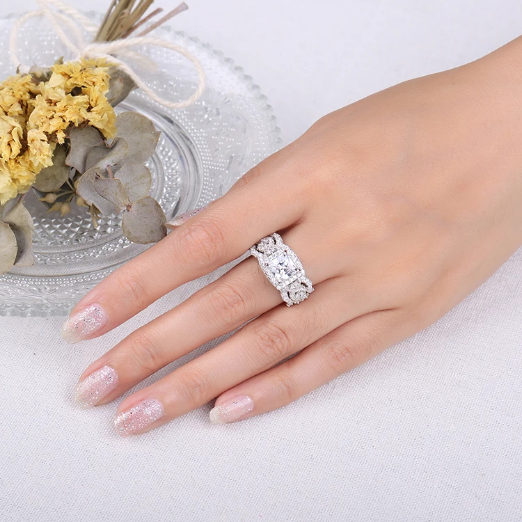 JewelryPalace 3Pcs 925 Sterling Silver Halo Wedding Engagement Ring Set for Women 2.9ct Princess Cut AAAAAA CZ Fashion Jewelry