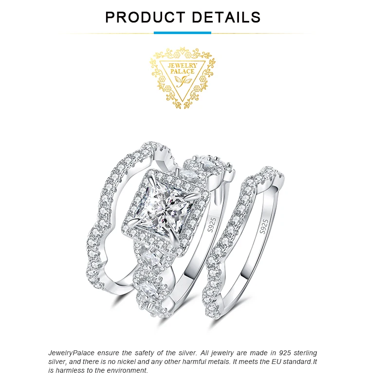 JewelryPalace 3Pcs 925 Sterling Silver Halo Wedding Engagement Ring Set for Women 2.9ct Princess Cut AAAAAA CZ Fashion Jewelry