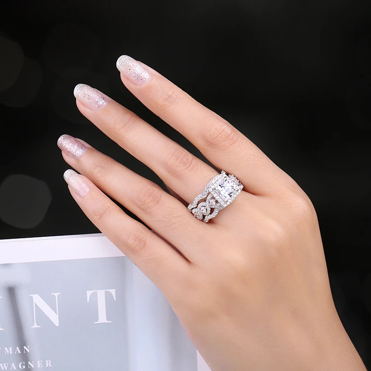 JewelryPalace 3Pcs 925 Sterling Silver Halo Wedding Engagement Ring Set for Women 2.9ct Princess Cut AAAAAA CZ Fashion Jewelry