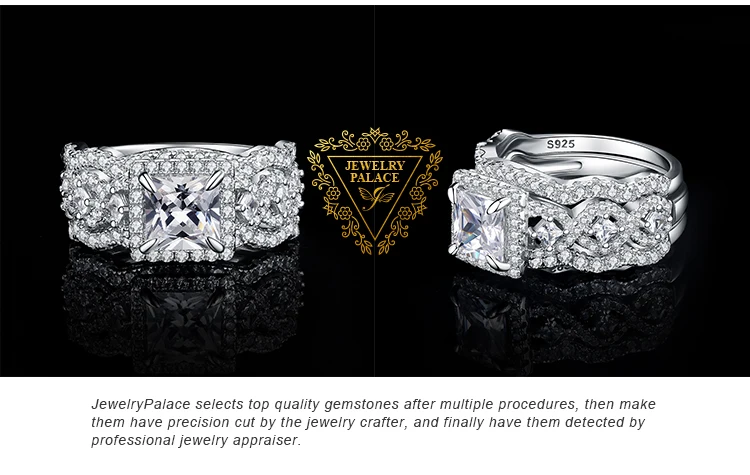 JewelryPalace 3Pcs 925 Sterling Silver Halo Wedding Engagement Ring Set for Women 2.9ct Princess Cut AAAAAA CZ Fashion Jewelry
