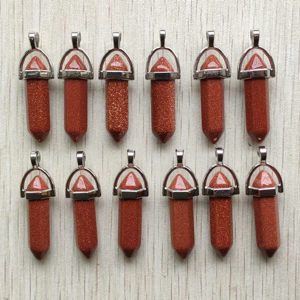Fast Shipping Natural Stone Quartz Aventurine Lapis Crystal Hexagonal Pillar Pendants for Jewelry Accessories 12pcs Wholesale