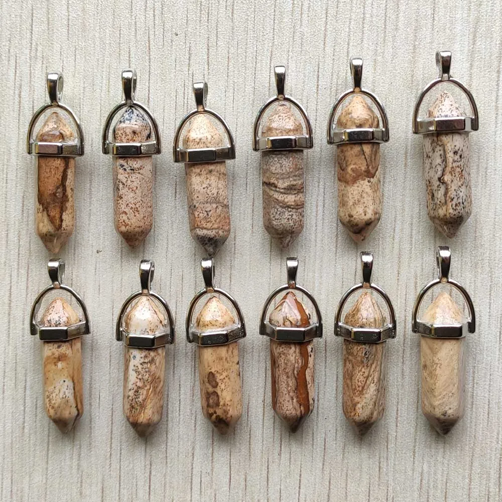 Fast Shipping Natural Stone Quartz Aventurine Lapis Crystal Hexagonal Pillar Pendants for Jewelry Accessories 12pcs Wholesale